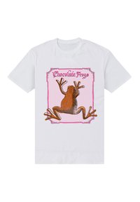 Bílé tričko s grafikou žáby barvy čokolády a nápisem "Chocolate Frogs" v růžově orámovaném rámečku na přední straně.