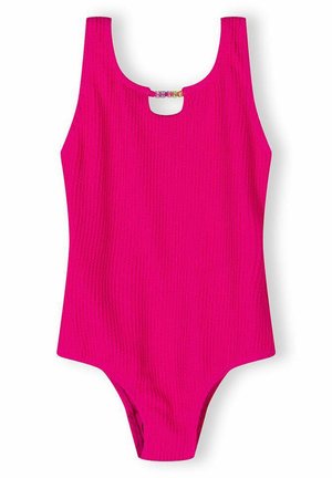 Jaskraworóżowy strój kąpielowy bez rękawów z fakturowanej tkaniny z małym koralikowym napisem „SMILE” na przodzie przy wycięciu przy dekolcie.