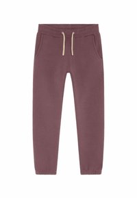 Un pantalon de jogging dans une teinte violette douce, en tissu doux, avec un cordon de serrage à la taille, deux poches latérales et des poignets élastiques.