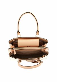 Peach-colored handbag with a smooth texture, two handles, and black accents. Interior features multiple compartments, including a zip pocket.