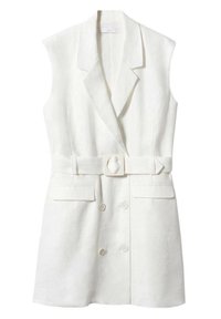 Biały lniany kamizelka bez rękawów, podwójnie zapięta z przodu, z paskiem w talii, dwiema przednimi kieszeniami i ostrymi klapami.