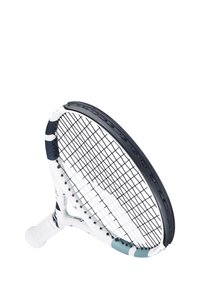 Tennisketcher med et overvejende hvidt og marineblåt design, et ovalt hoved, sorte strenge, et struktureret greb og turkise accenter på håndtaget.