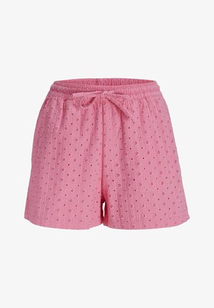 Rožinės medvilnės šortai su tekstūruotu raštu, elastinga juosta ir užrištą kaspinu. Visame dizaine yra mažų skylučių detalės.