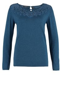 Pitkähihainen sinivihreä neulepusero, jossa on pitsikoriste kaula-aukossa, takana avonainen avainreikä ja vartalonmyötäinen leikkaus.