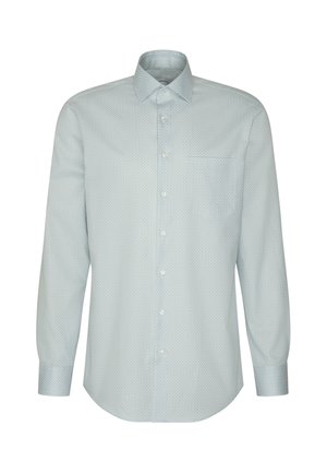 Chemise à manches longues gris clair avec un motif discret à pois et une poche poitrine, présentée sur fond blanc.