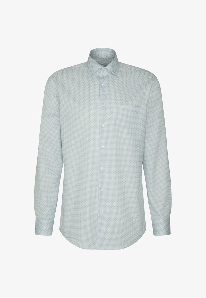 Chemise à manches longues gris clair avec un motif discret à pois et une poche poitrine, présentée sur fond blanc.