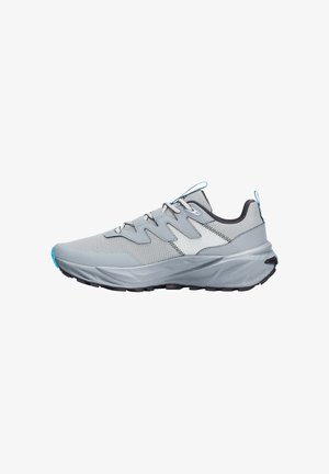 Light gray athletic shoes with a mesh upper, contrasting dark gray accents, a padded collar, and a thick black outsole. Blue heel and lace details.
