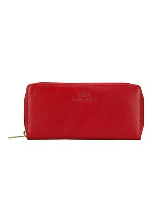 Red leather wallet with a zip closure, embossed logo, and smooth texture. Rectangular shape with a simple design and gold-tone zipper pull.