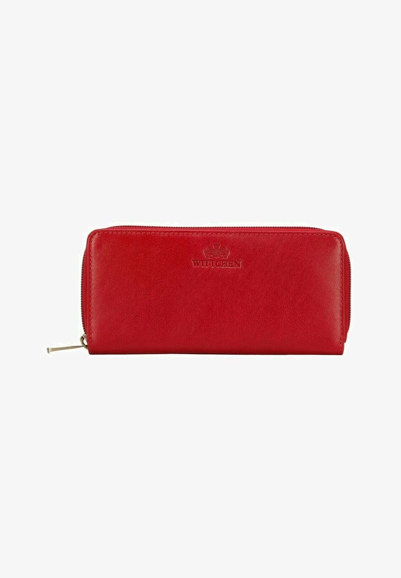 Red leather wallet with a zip closure, embossed logo, and smooth texture. Rectangular shape with a simple design and gold-tone zipper pull.