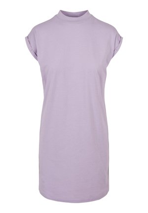 Ljuslila bomullsklänning med hög krage, korta uppvikta ärmar och en avslappnad passform, med en mjuk struktur och längd ovanför knäna.