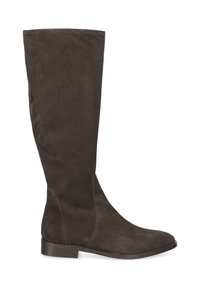 Botte en daim brun, montant jusqu'au genou, avec une semelle plate, une texture lisse, des coutures latérales et un bout légèrement arrondi. Pas de quincaillerie ou d'accents visibles.