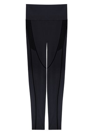 Leggings de sport noirs taille haute avec des détails de coutures verticales et diagonales le long des jambes et des hanches, vue de l'avant.