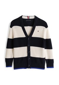Cardigan rayé bleu marine et crème en matière tricotée, avec un col en V, cinq boutons et des accents bleus aux poignets et à l'ourlet.