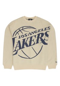 Pulover tricotat bej, cu un logo mare al echipei "Los Angeles Lakers" și un grafic de baschet în nuanțe de albastru. Mansetele și tivul cu model în relief adaugă textura și finisajul.