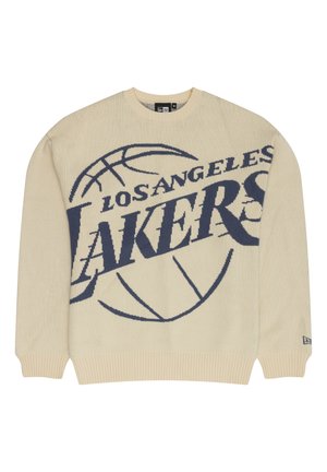 Beige gebreide trui met een groot blauw "Los Angeles Lakers" logo en basketball graphic. Ribbelmanchetten en -zoom zorgen voor textuur en afwerking.