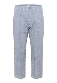 Blue and white striped cropped pants with a button closure, straight cut, made from lightweight fabric. Features side pockets and a waistband.
