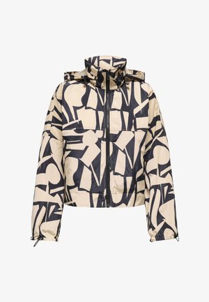 Beige-schwarze Kapuzenjacke mit abstraktem Muster, durchgehendem Reißverschluss vorne, langen Ärmeln sowie verstellbaren Kordeln an Bündchen und Kapuze.