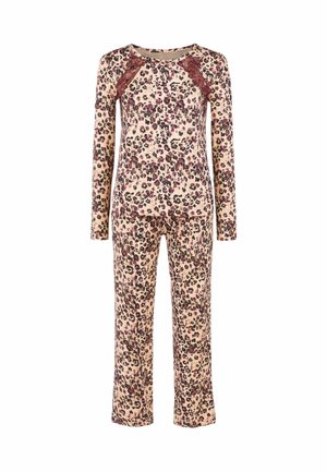 Maglietta a maniche lunghe con stampa leopardata e pantaloni abbinati con dettagli in pizzo sulle spalle, toni morbidi beige e marroni, vestibilità rilassata.