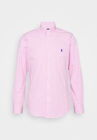 Rosa-vitrandig skjorta med knappar fram, långärmad och klassisk krage; har en liten blå logotyp på bröstet. Tillverkad i bomull.