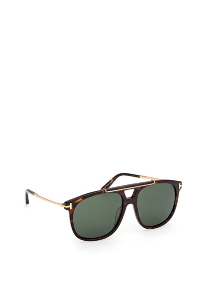 Sonnenbrille aus Schildpatt mit grünen Gläsern, quadratischer Form, dünnen goldenen Akzenten an der Brücke und einem markanten Ausschnitt oben.