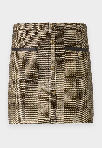 Woven skirt featuring a black and gold pattern, two front pockets with black accents, and gold buttons down the center.