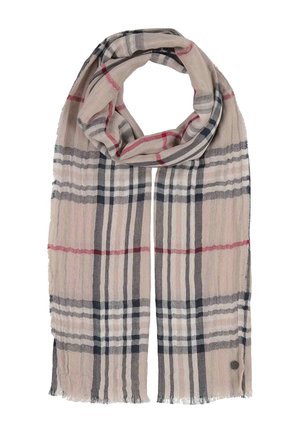 Hellbeiger Schal mit schwarzem, weißem, grauem und rotem Karomuster, leicht gekräuseltem Stoff und fransigen Rändern, flach ausgelegt mit einer Schlaufe oben.