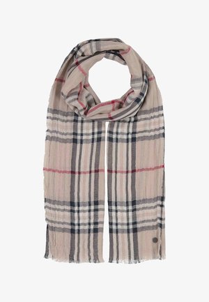 Hellbeiger Schal mit schwarzem, weißem, grauem und rotem Karomuster, leicht gekräuseltem Stoff und fransigen Rändern, flach ausgelegt mit einer Schlaufe oben.