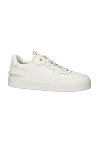 White leather sneaker with a textured finish, round toe, flat sole, and minimalistic design. Features gold accent branding on the side.