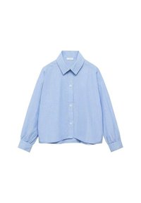 Chemise rayée bleu clair, design à col, manches longues avec poignets élastiques, fermeture par boutons, coupe décontractée, tissu léger.