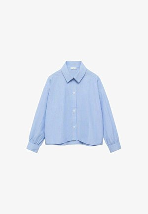 Camicia a righe blu chiaro, design con colletto, maniche lunghe con polsini elasticizzati, apertura con bottoni, vestibilità rilassata, tessuto leggero.