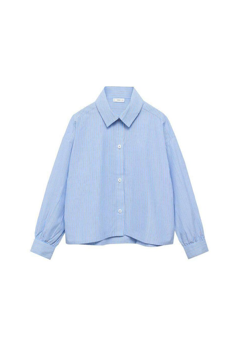 Chemise rayée bleu clair, design à col, manches longues avec poignets élastiques, fermeture par boutons, coupe décontractée, tissu léger.