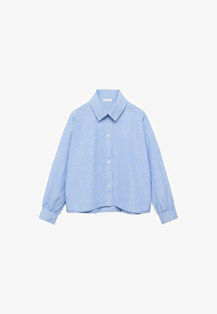 Cămașă cu dungi albastre deschise, design cu guler, mâneci lungi cu manșete elastice, închidere cu nasturi, croială lejeră, material ușor.