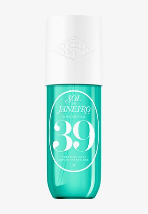 Sol de Janeiro Cheirosa 39 turkis parfyme tåkesprayflaske med hvit kork og hvit tekst foran.