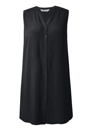 Černé šaty bez rukávů s knoflíky, výstřihem do V a délkou do poloviny stehen, vyrobené z lehké látky.
