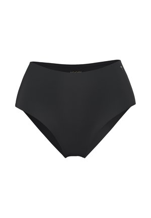 High-waisted black bikini bottom made from smooth, stretchy fabric, featuring clean lines and minimalistic design with subtle logo detail.