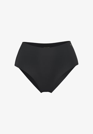 High-waisted black bikini bottom made from smooth, stretchy fabric, featuring clean lines and minimalistic design with subtle logo detail.