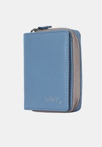 Blue leather wallet with a zipper, featuring a smooth finish, stitched edges, and silver embossed logo. Compact rectangular design.