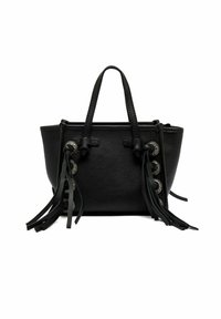 Petit sac à main en cuir noir avec doubles poignées, boutons en argent décoratifs et longues franges en cuir noir de chaque côté.