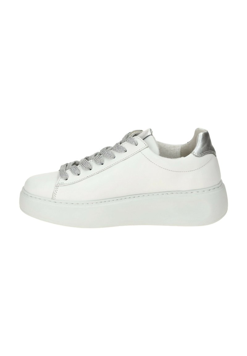 White leather sneaker with silver heel accent, gray laces, textured upper, and platform sole. Designed with minimalistic lines.