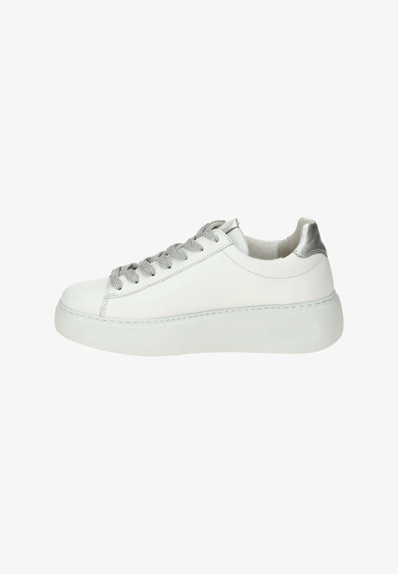 White leather sneaker with silver heel accent, gray laces, textured upper, and platform sole. Designed with minimalistic lines.
