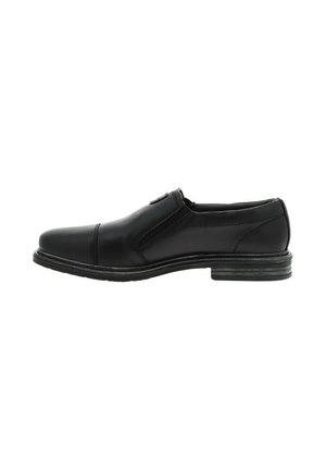 Chaussure noire en cuir, à enfiler, avec un bout arrondi, des détails de couture subtils et un petit talon empilé. Texture lisse et design simple.