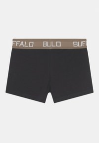 Sorte bomull boxershorts i svart med et brunt elastisk liv med "BUFFALO BULO" i hvit skrift. Enkelt design og middels lengde.