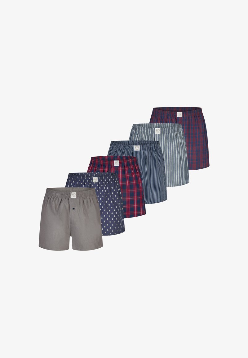 Herrenboxershorts im 6er-Set mit verschiedenen Mustern: einfarbig grau, gemustert in Marineblau, kariert sowie gestreift in Marineblau, Rot und Weiß.