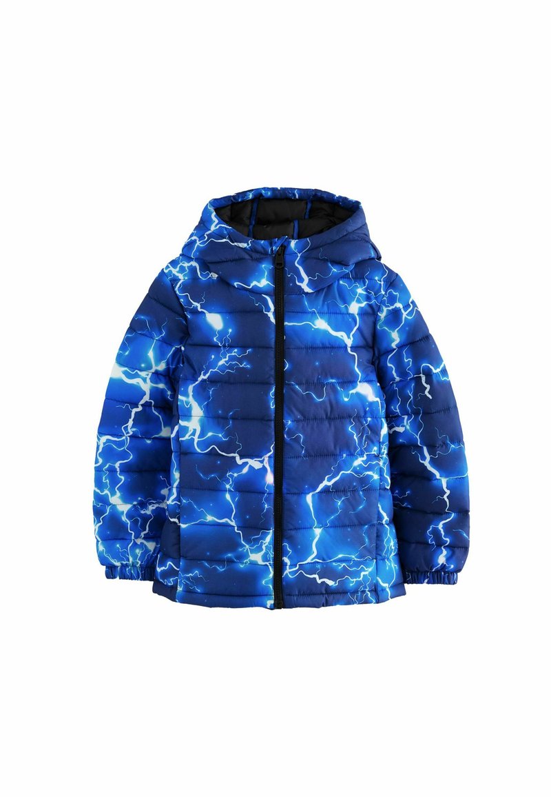 Puffjacka, blå med blixtmönster, med huva, dragkedjestängning, kviltad struktur, elastiska ärmslut, lätt design.