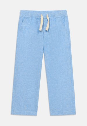 Pantalon en coton bleu clair avec taille élastique et cordon blanc, coupe ample, poches latérales et jambes droites.