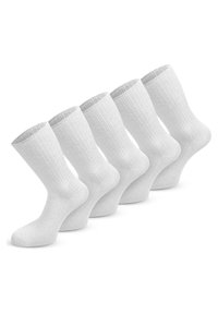 Fünf Paar knielange weiße Socken, gerippte Textur, weicher Stoff, einfarbig, mit verstärkten Bündchen, glatten Zehen und einem klassischen Design.