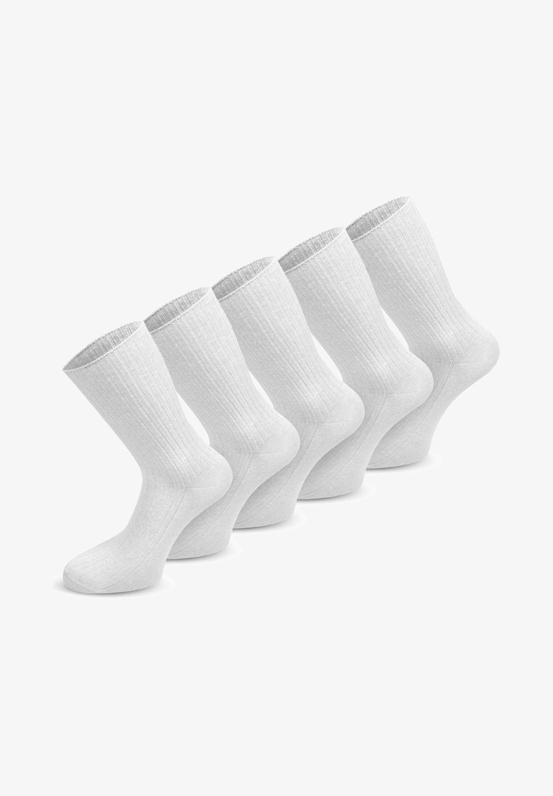 Fünf Paar knielange weiße Socken, gerippte Textur, weicher Stoff, einfarbig, mit verstärkten Bündchen, glatten Zehen und einem klassischen Design.