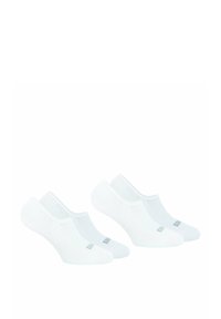 Chaussettes blanches à la cheville en tissu doux avec une texture lisse. Présentent un design coupe basse et un logo discret sur le côté.