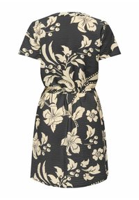 Μαύρο κοντομάνικο φόρεμα με μπεζ λουλουδάτα και φυτικά μοτίβα, διαθέτοντας σφιχτή μέση και υφή υφάσματος.