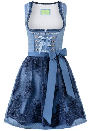 Blue dirndl dress featuring a fitted bodice, lace-up front, and a full skirt with floral lace overlay. Includes a wide matching ribbon at the waist.